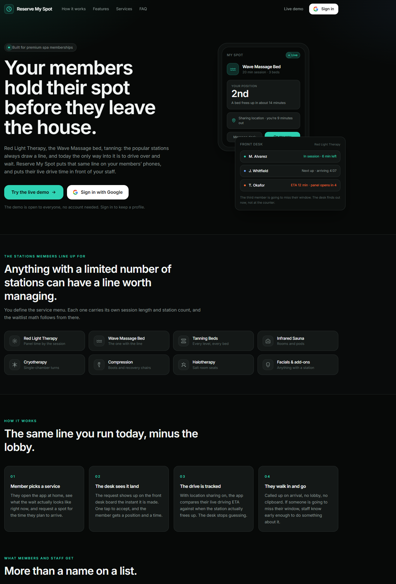 The Reserve My Spot homepage