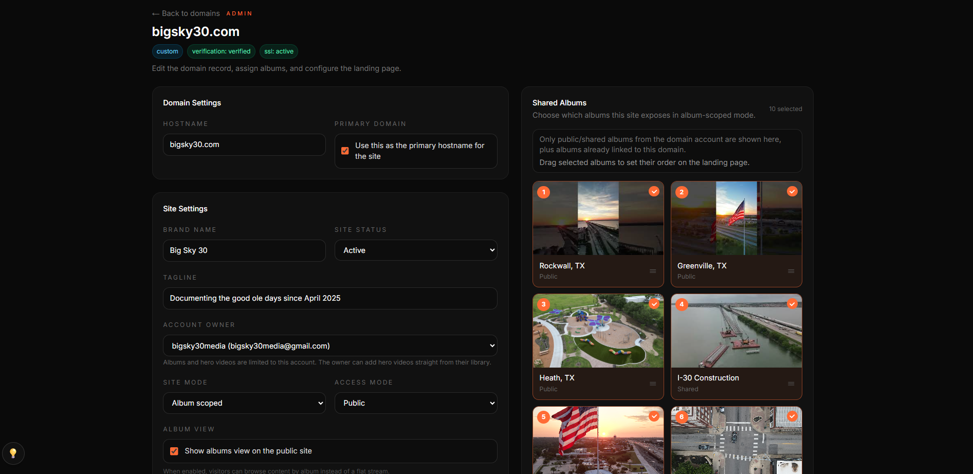 Shutterfield: Custom domain admin